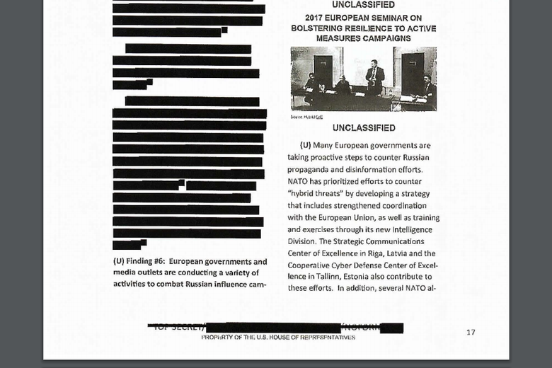 A page of the House Intel Committee's blurry Russia report.